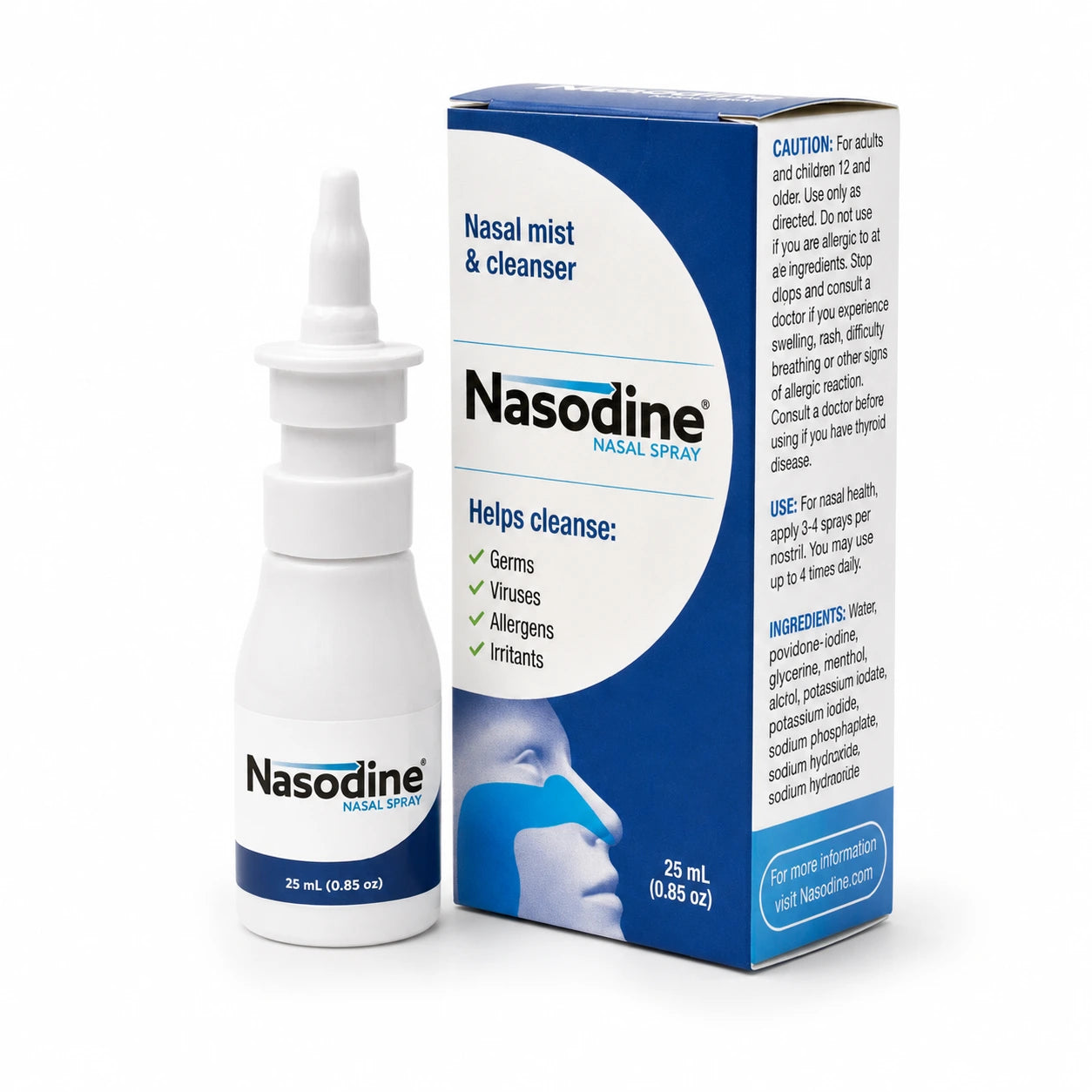 Nasodine Nasal Spray bottle and its retail box on a clean white background. The bottle is white with a blue label, and the box is blue and white with product details and a small image of a hand using the spray.